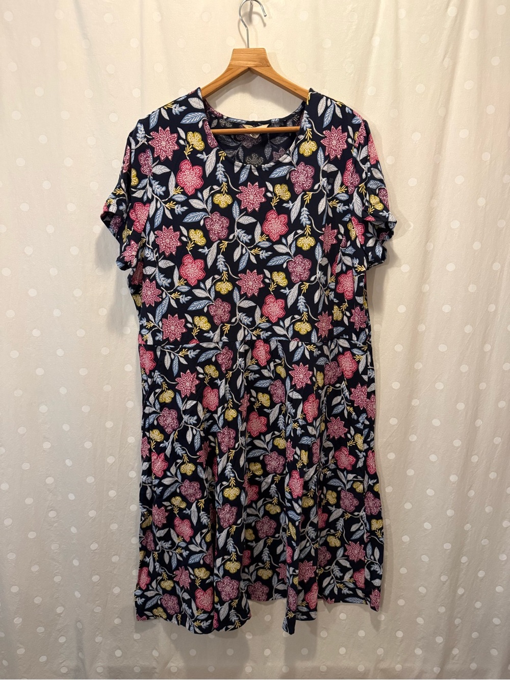 Floral Short-Sleeve Navy Dress with Pink & Yellow Blooms-Seasaot